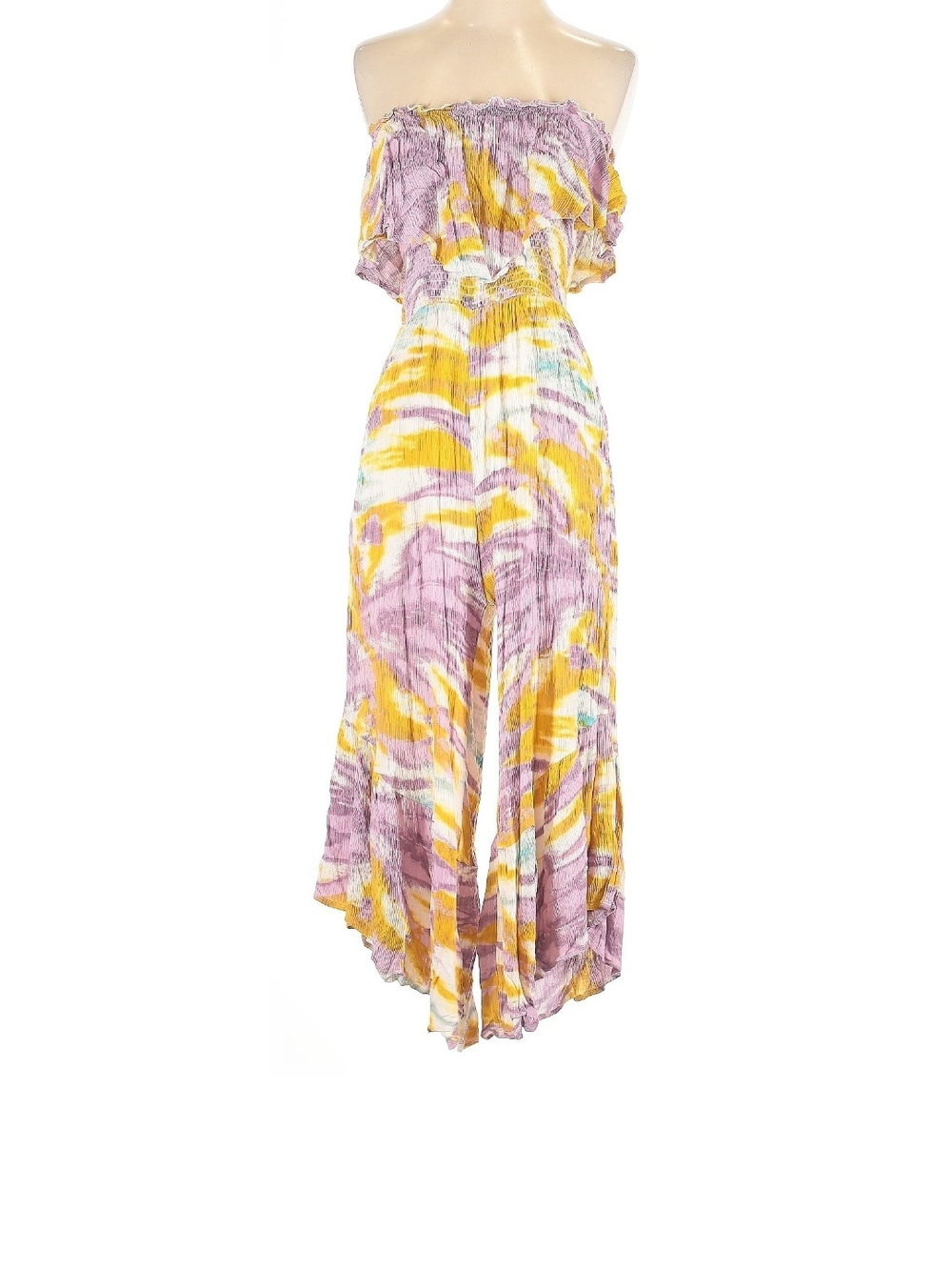 Lush Strapless Wide-Leg Jumpsuit in Lavender and Yellow Watercolor